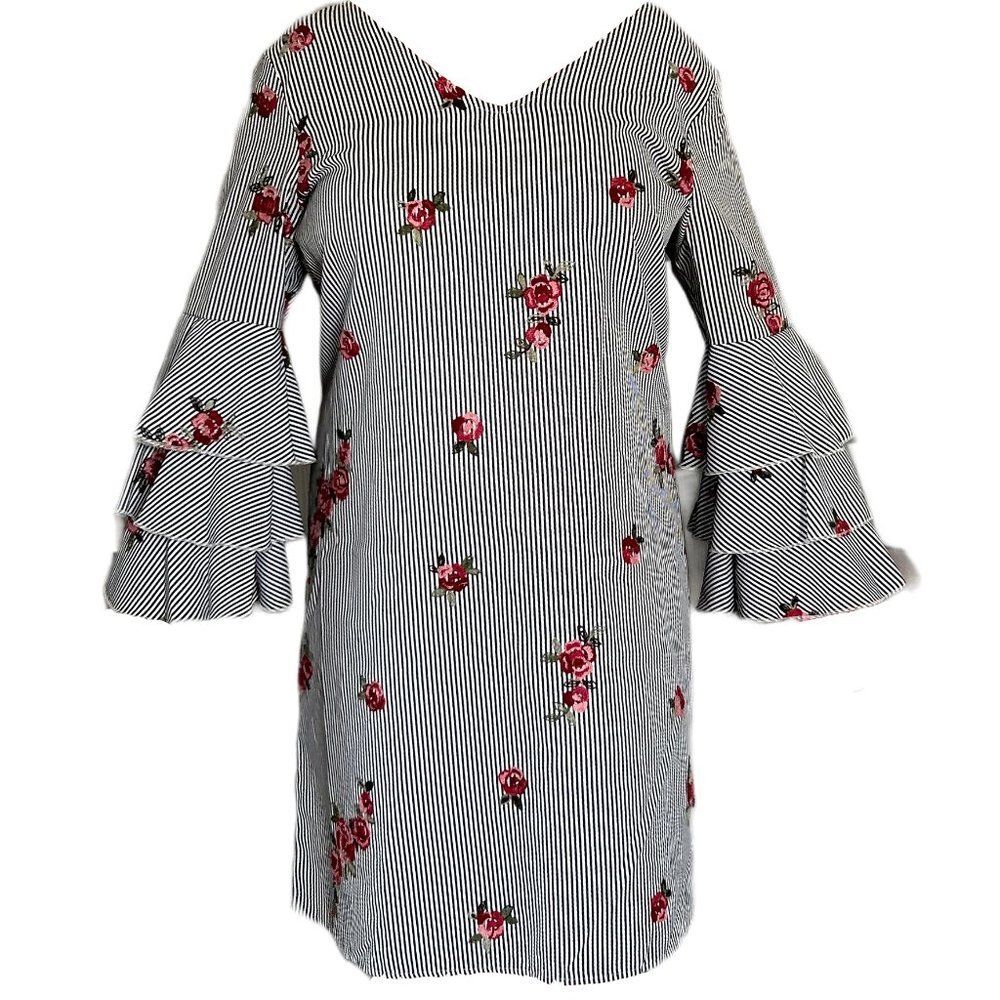 Max Sport LA Floral Embroidered Blue/White Striped Bell Sleeves Dress Women Med